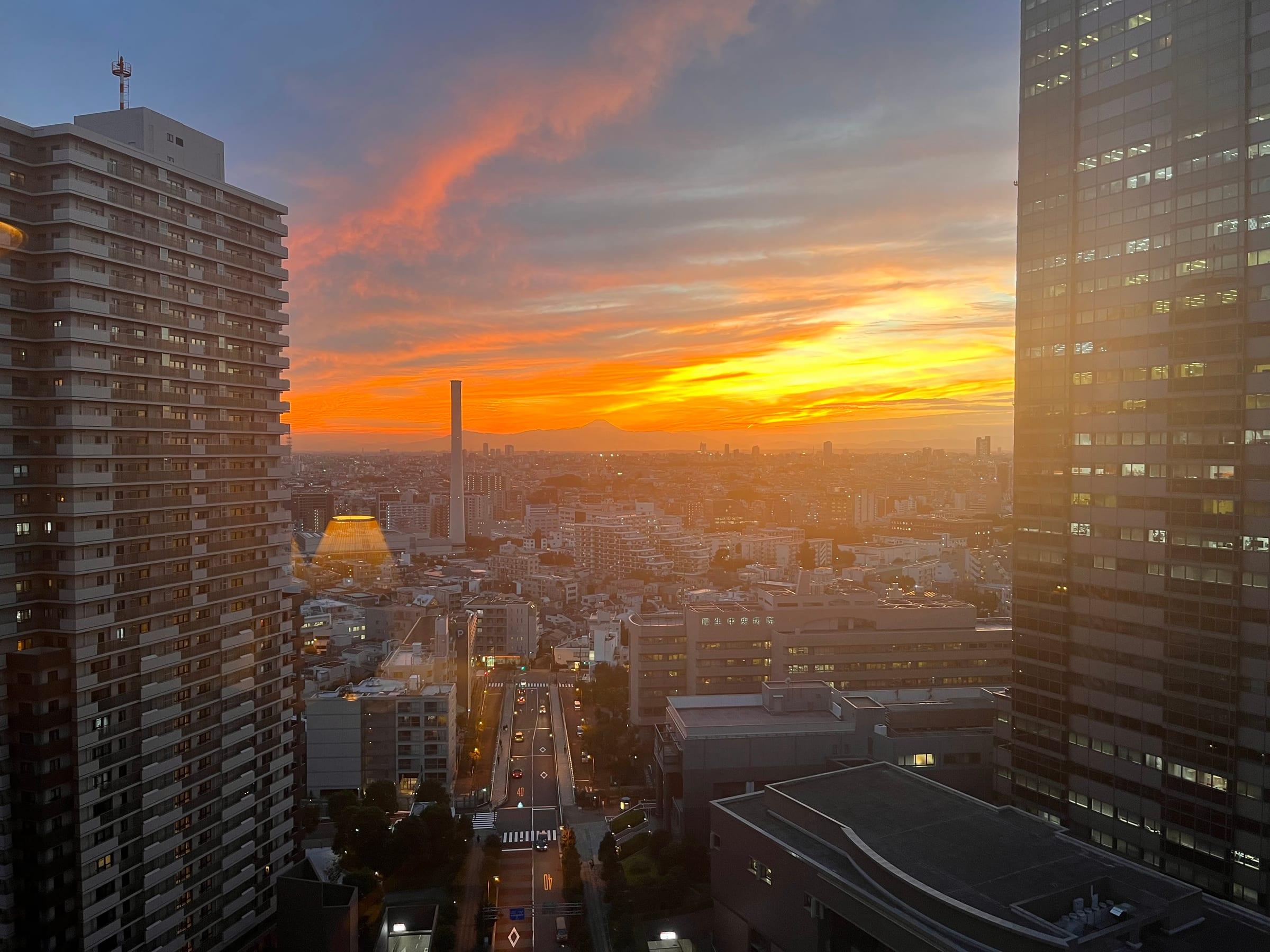 City sunset through towers